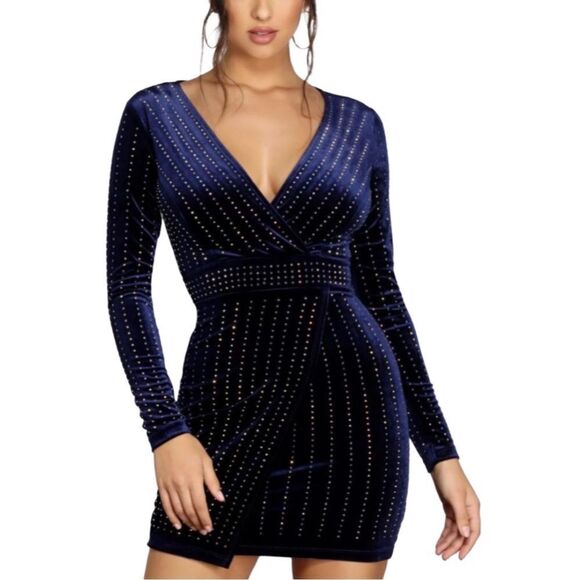 Windsor Alexa Velvet Heat Stone Wrap Mini Navy Blue Dress NWT Size Small - Picture 14 of 14